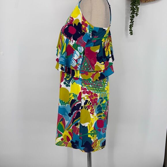 J. Crew Tropical Print Asymmetrical Bright Mini Dress Ruffles Multi 2 - Picture 2 of 13